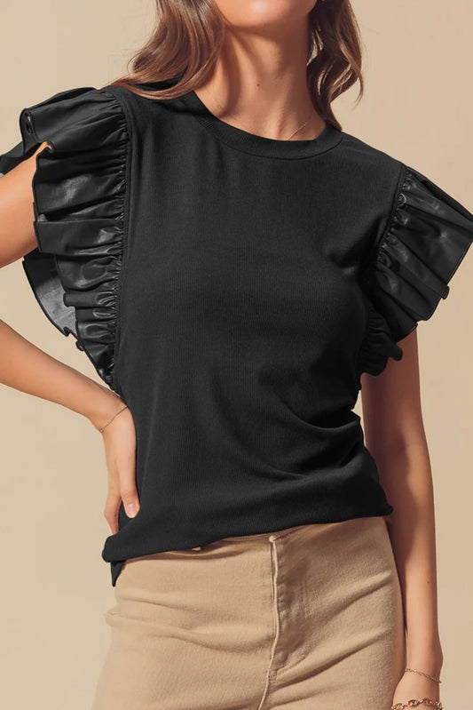 Leather Ruffle Sleeve Blouse