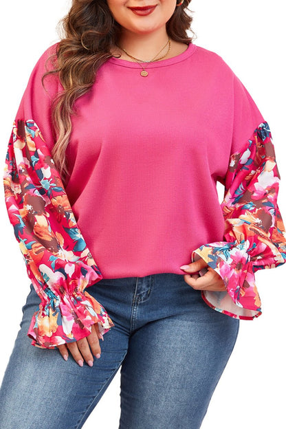 Floral Patchwork Flounce Sleeve Plus Top