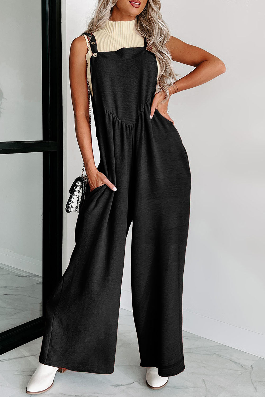 Buttoned Straps Wide Leg Jumpsuit