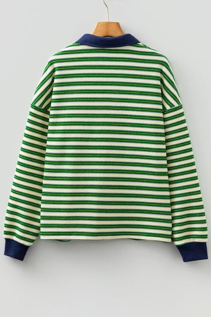 Stripe Contrast Zip Collared V-Neck Long Sleeve Top