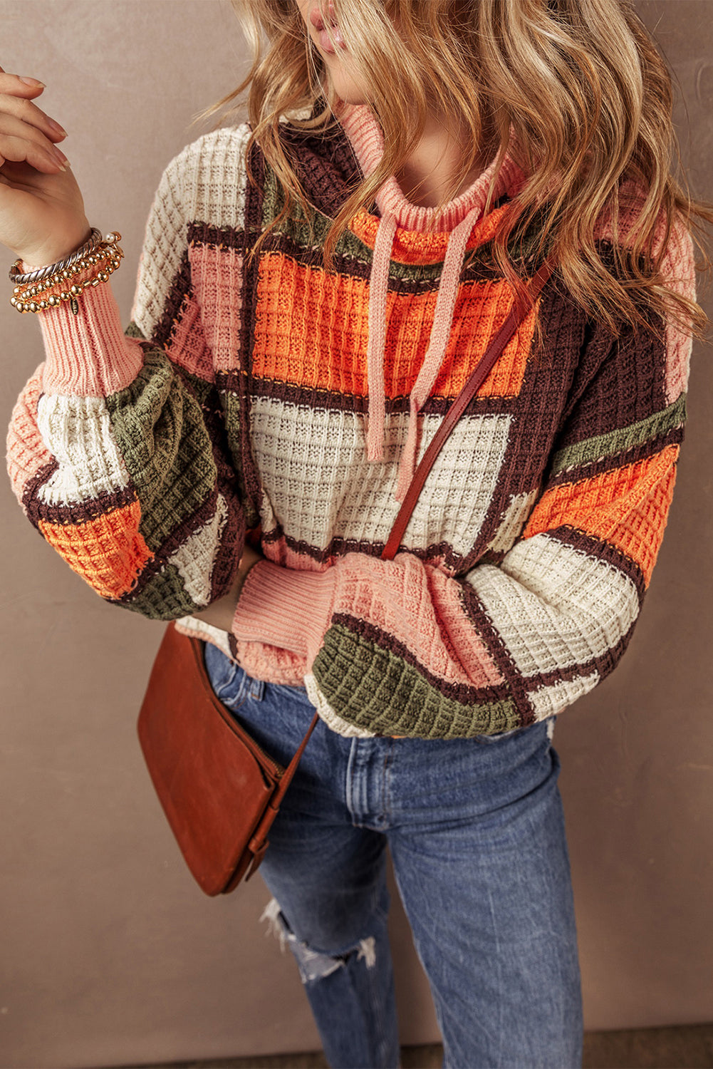 Colorblock Waffle Mock Neck Sweater