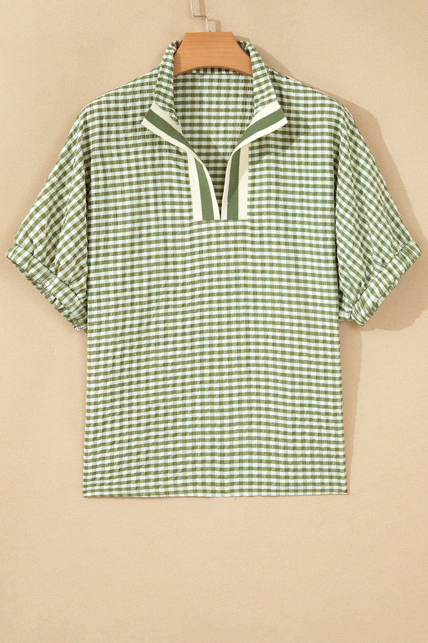 Gingham Plaid Colorblock Trim Split Neck Blouse