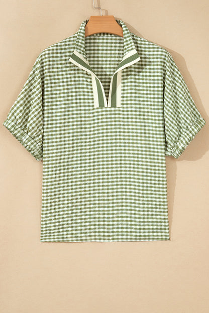 Gingham Plaid Colorblock Trim Split Neck Blouse