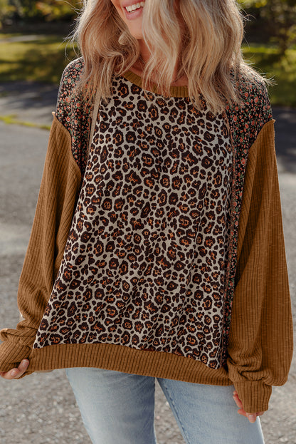Leopard Floral Patchwork Ribbed Puff Sleeve Top