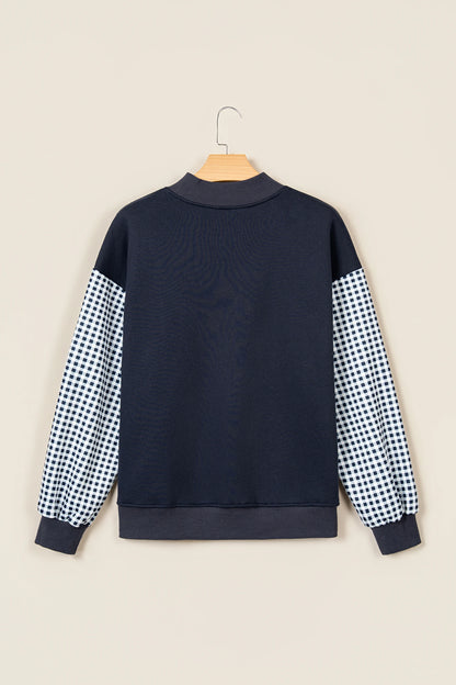 Gingham Colorblock Mock Neck Long Sleeve Sweatshirt