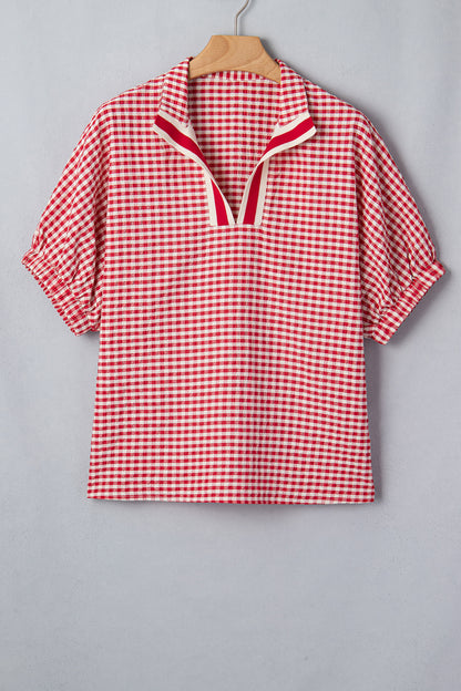 Gingham Plaid Colorblock Trim Split Neck Blouse