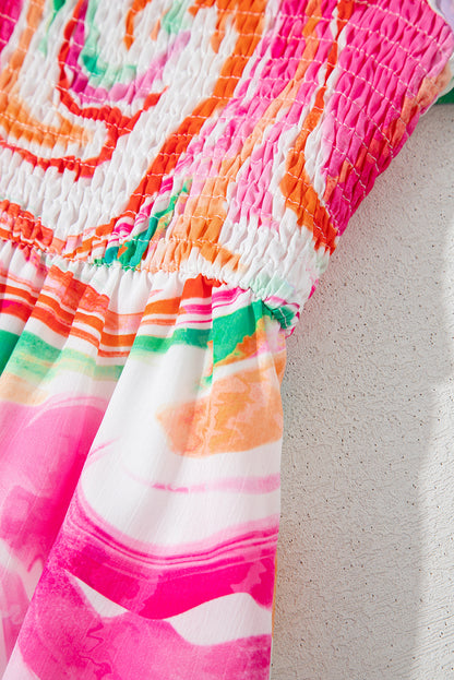 Abstract Ruffle Sleeve Smocked Maxi Dress