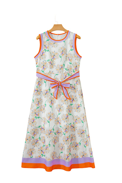 Floral Colorblock Trim Belted Sleeveless Maxi Dress