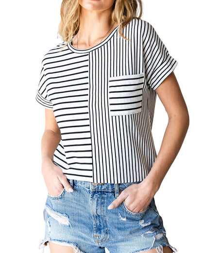 Stripe Patchwork Chest Pocket T-Shirt