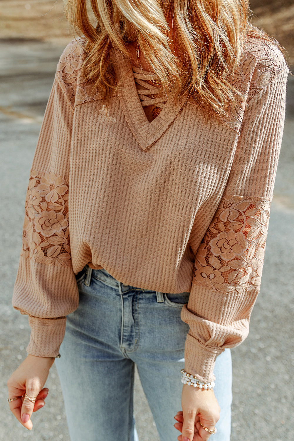 Lace Waffle Patchwork Long Sleeve Top