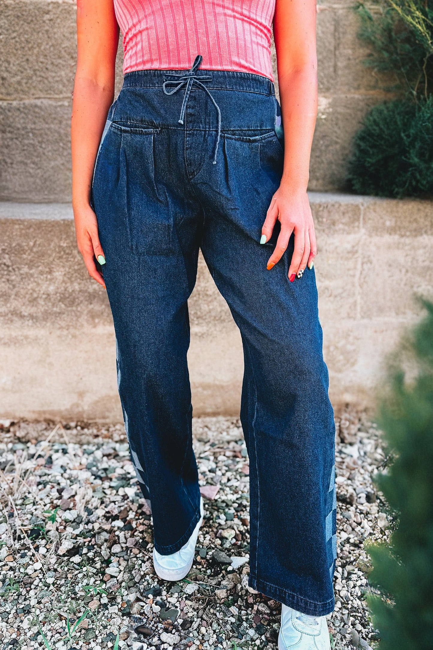 Denim Checker Side Panel Patchwork Drawstring Pants