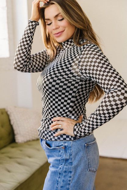 Checker Stand Neck Long Sleeve Mesh Top
