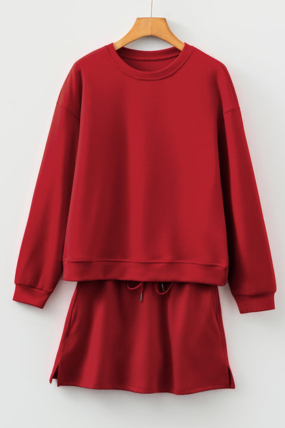 Solid Drop Shoulder Pullover and Mini Skirt Set