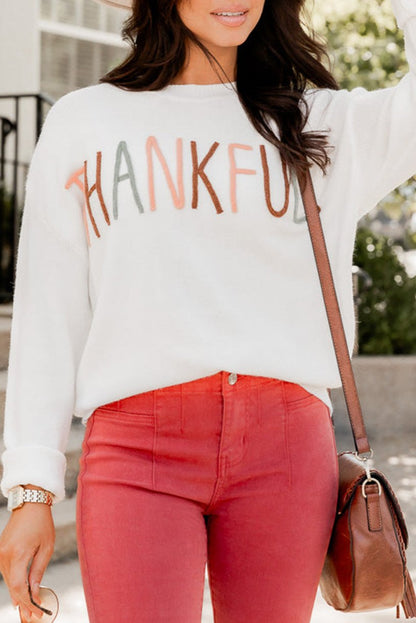 Thankful Embroidered Long Sleeve Sweater