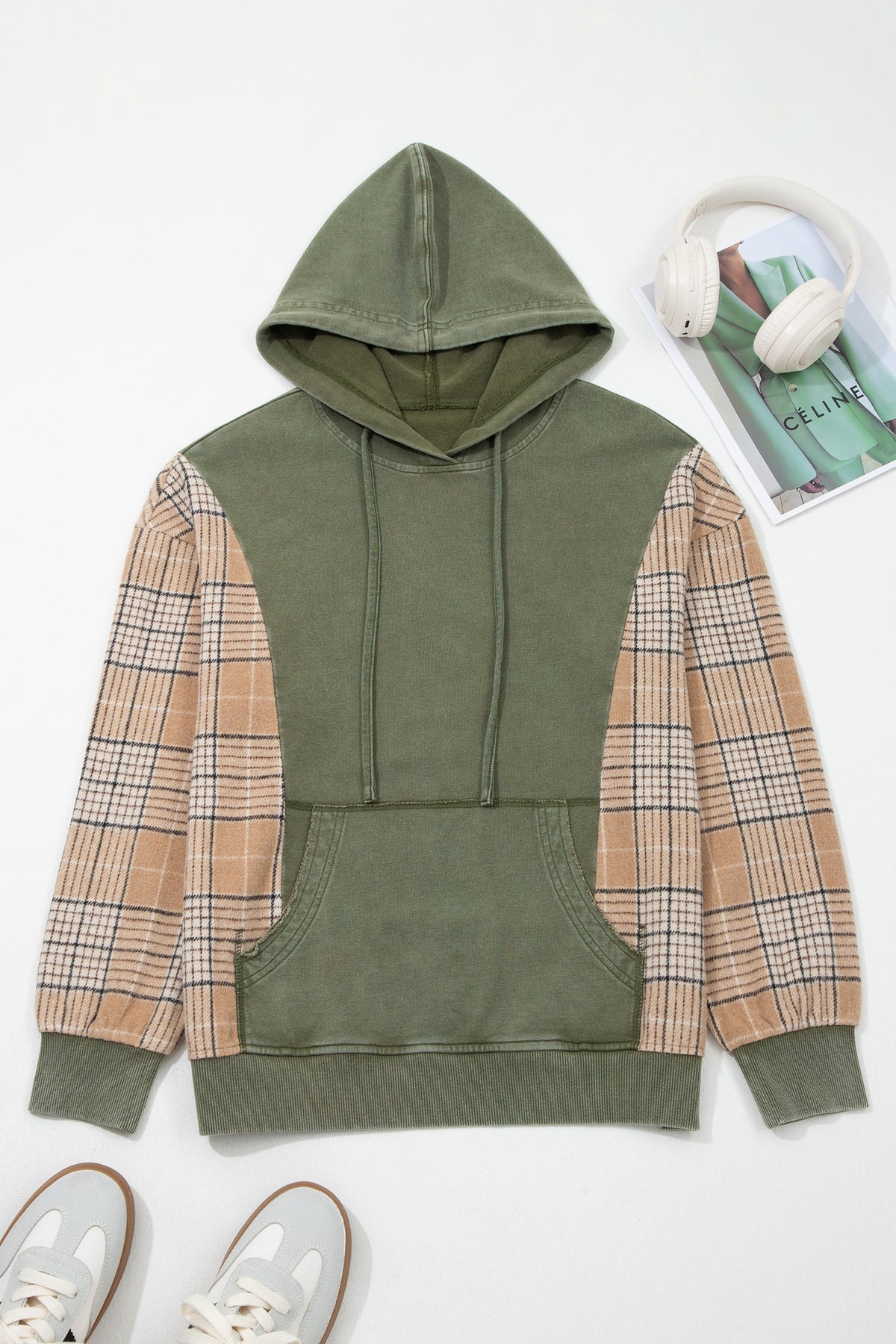 Plaid Patchwork Pocketed Drawstring Hoodie