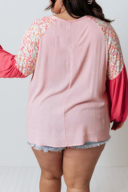 Plus Size Floral Colorblock Long Sleeve Blouse