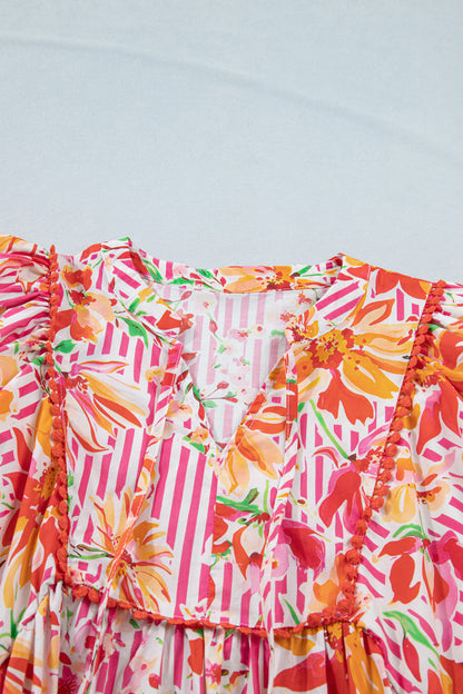 Floral Stripe Tie Neck Puff Sleeve Mini Dress