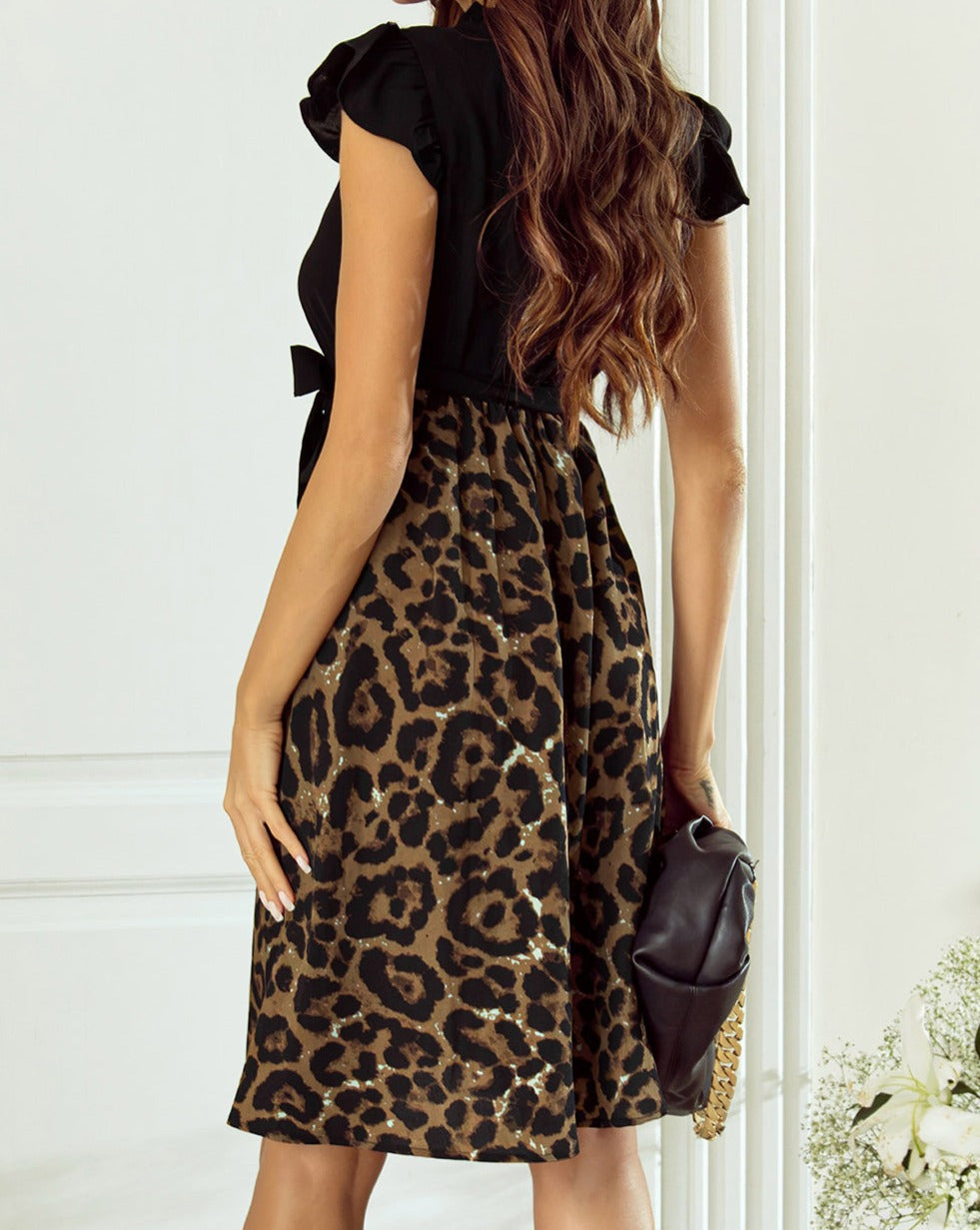 Leopard Colorblock Flutter Sleeve Dress