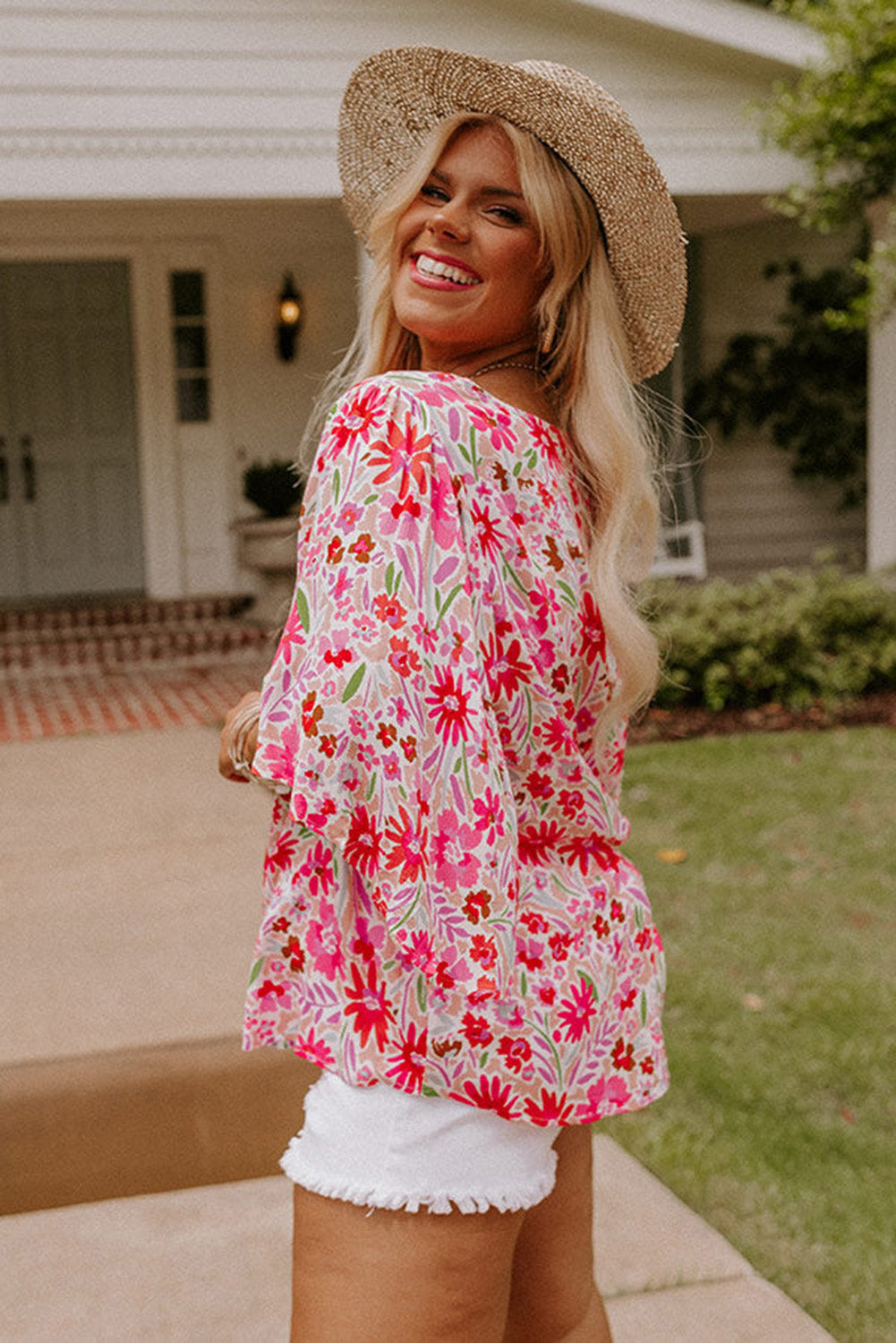 Floral Ruffled Half Sleeve V-Neck Plus Size Blouse