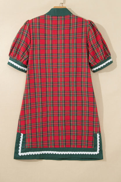 Plaid Contrast Trim Short Sleeve Mini Dress