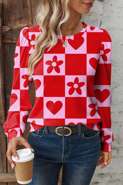 Valentine Heart & Flower Checker Long Sleeve Blouse