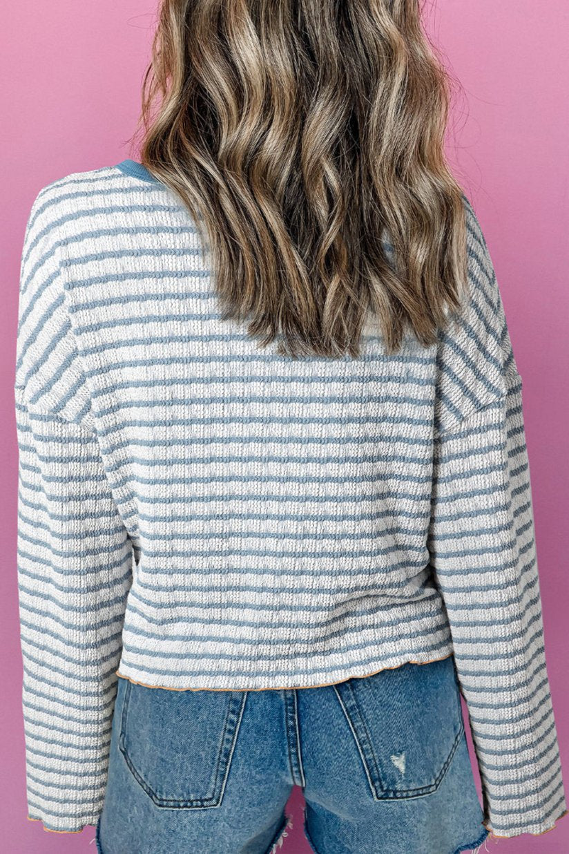 Stripe Textured Long Sleeve Henley Top