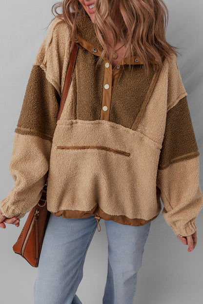 Colorblock Sherpa Patchwork Half Button Sweatshirt