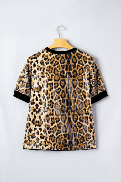 Leopard Sequin Short Sleeve Top
