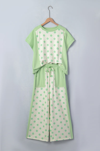 Polka Dot Patchwork Top & Wide Leg Pants Set