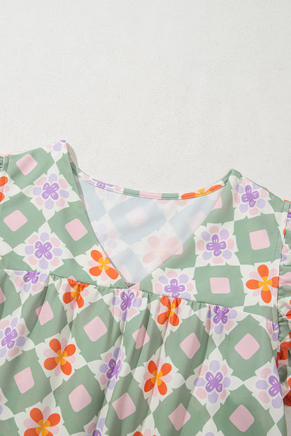 Geometric Floral V-Neck Layered Flutter Sleeve Blouse