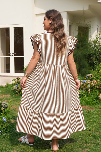 Plus Size Stripe Flutter Sleeve V-Neck Maxi Dress