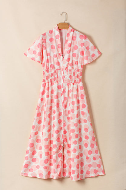 Polka Dot Ruffle Zip Up Short Sleeve Midi Dress