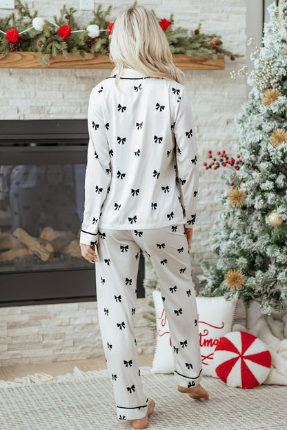 Bow Tie Long Sleeve Top and Pants Pajama Set