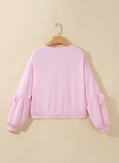 Solid Lace Trim Raw Seam Loose Sweatshirt