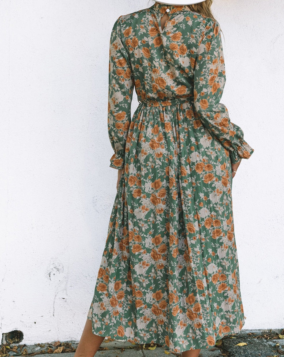 Floral Pleated Long Sleeve Maxi Dress