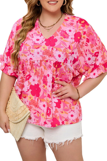 Plus Size Floral Ruffle Sleeve Blouse