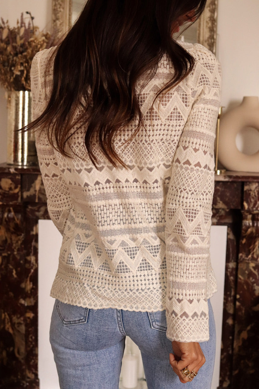 Geometric Lace Long Sleeve Blouse