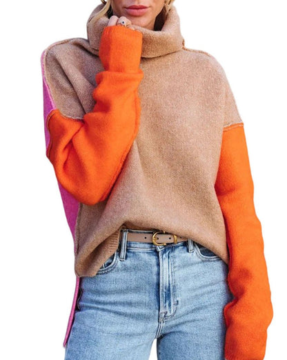 NEW! Color Block Turtle Neck Drop Shoulder Knit Sweater