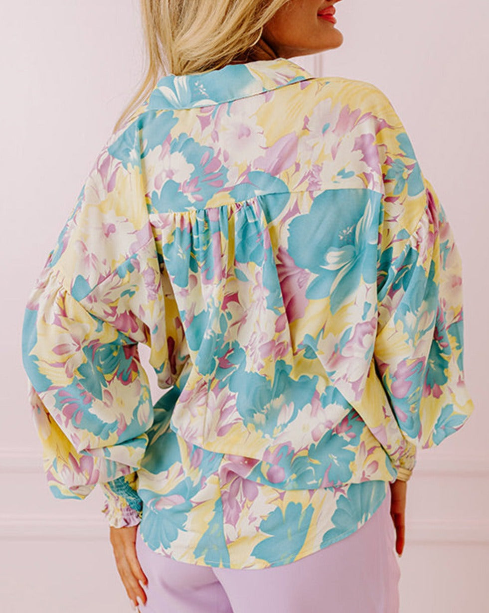 Floral Shirred Cuff Oversized Shirt