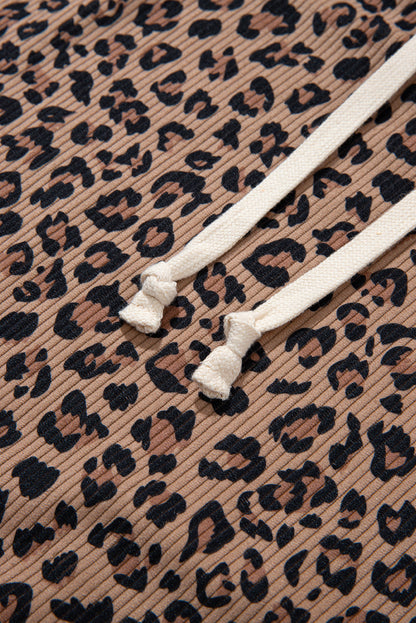 Leopard Ribbed Knit Contrast Half-Zip Hoodie