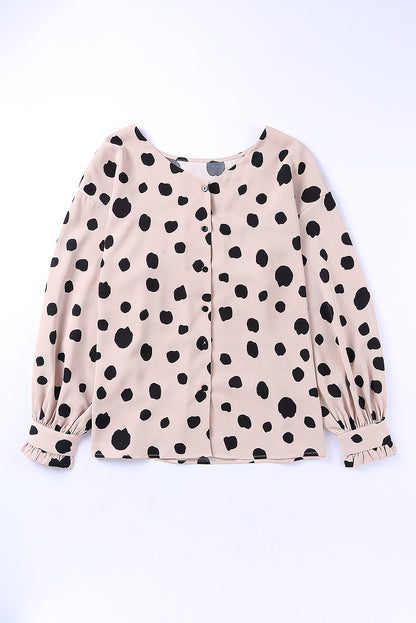 Dotted Puff Sleeve Buttoned Blouse