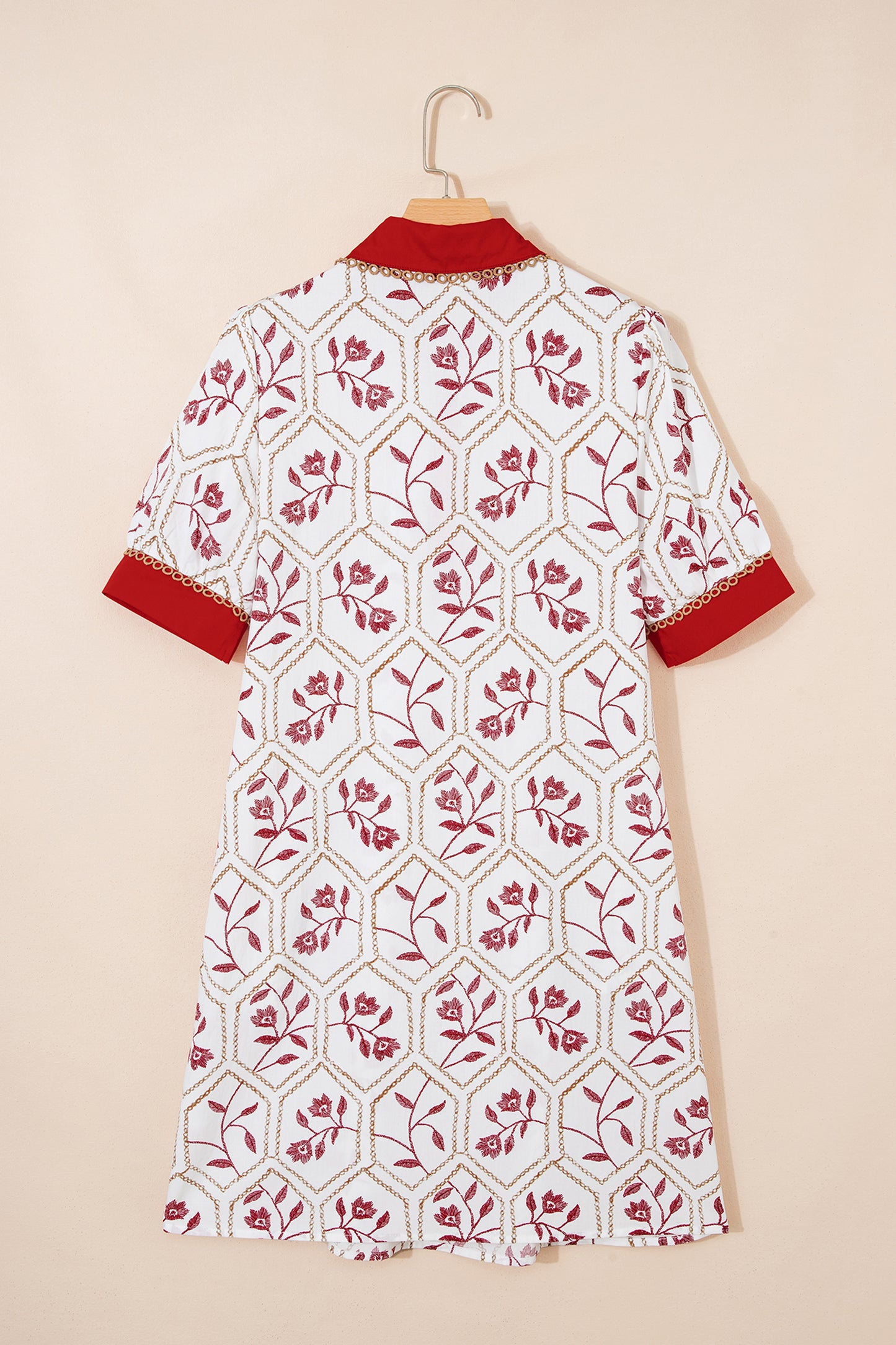 Floral Geometric Lace Trim Collared Mini Dress