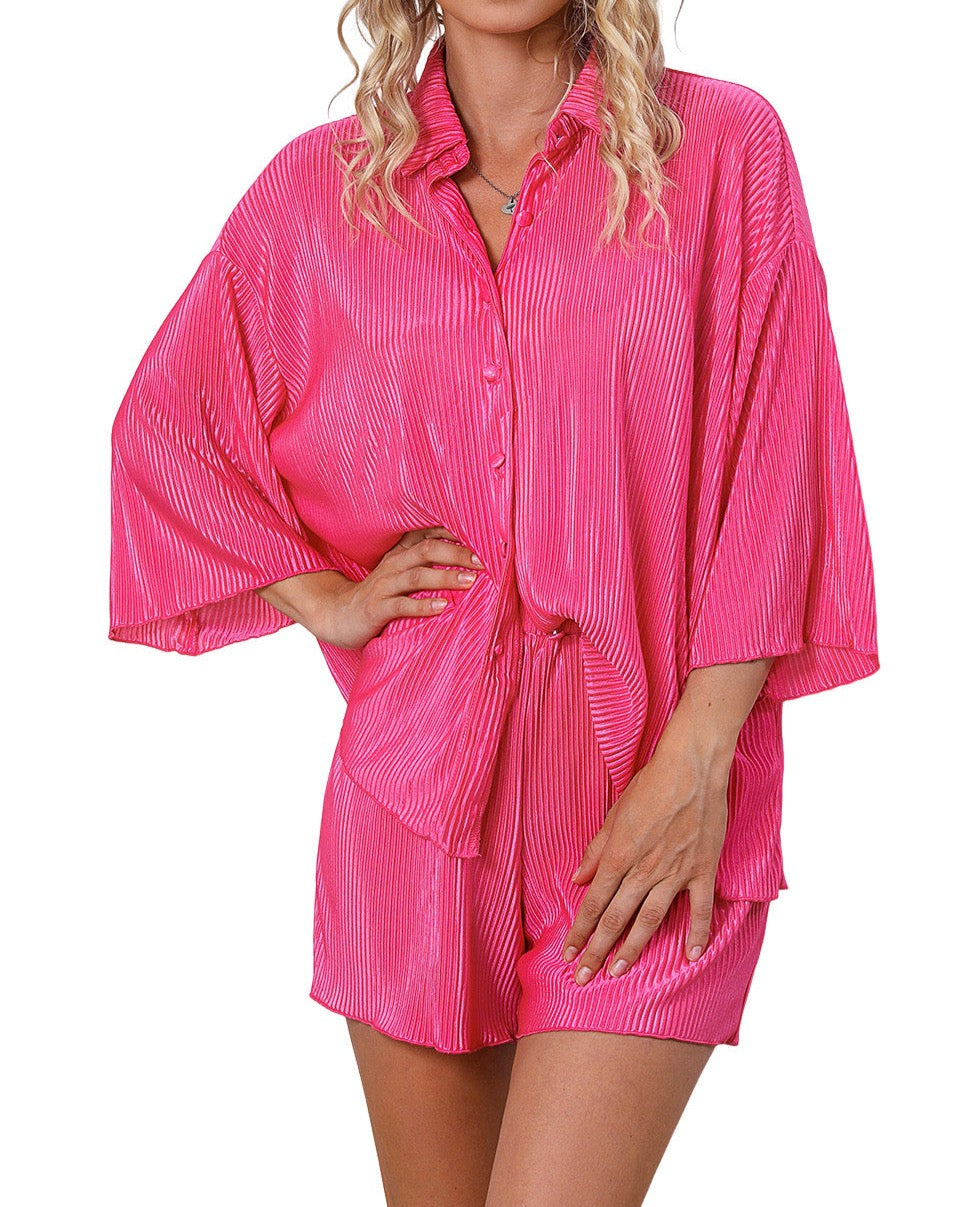 Pleated Shirt and Shorts Lounge Set