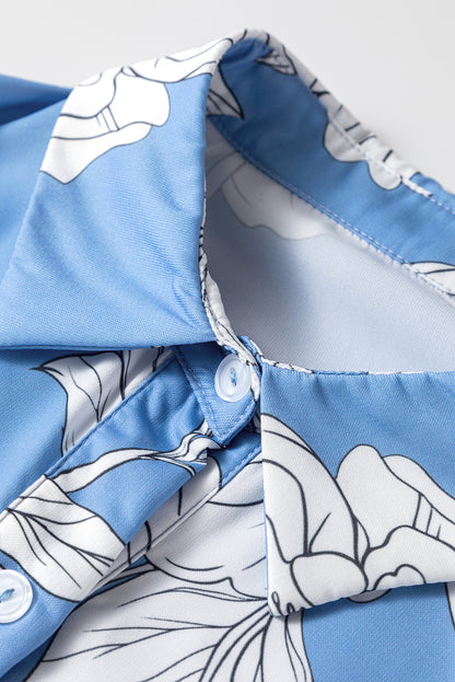 Floral Button-Front 3/4 Sleeve Ruffle Hem Dress