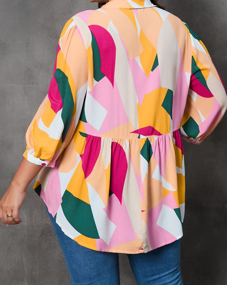 Geometric 3/4 Sleeve Blouse Plus Size