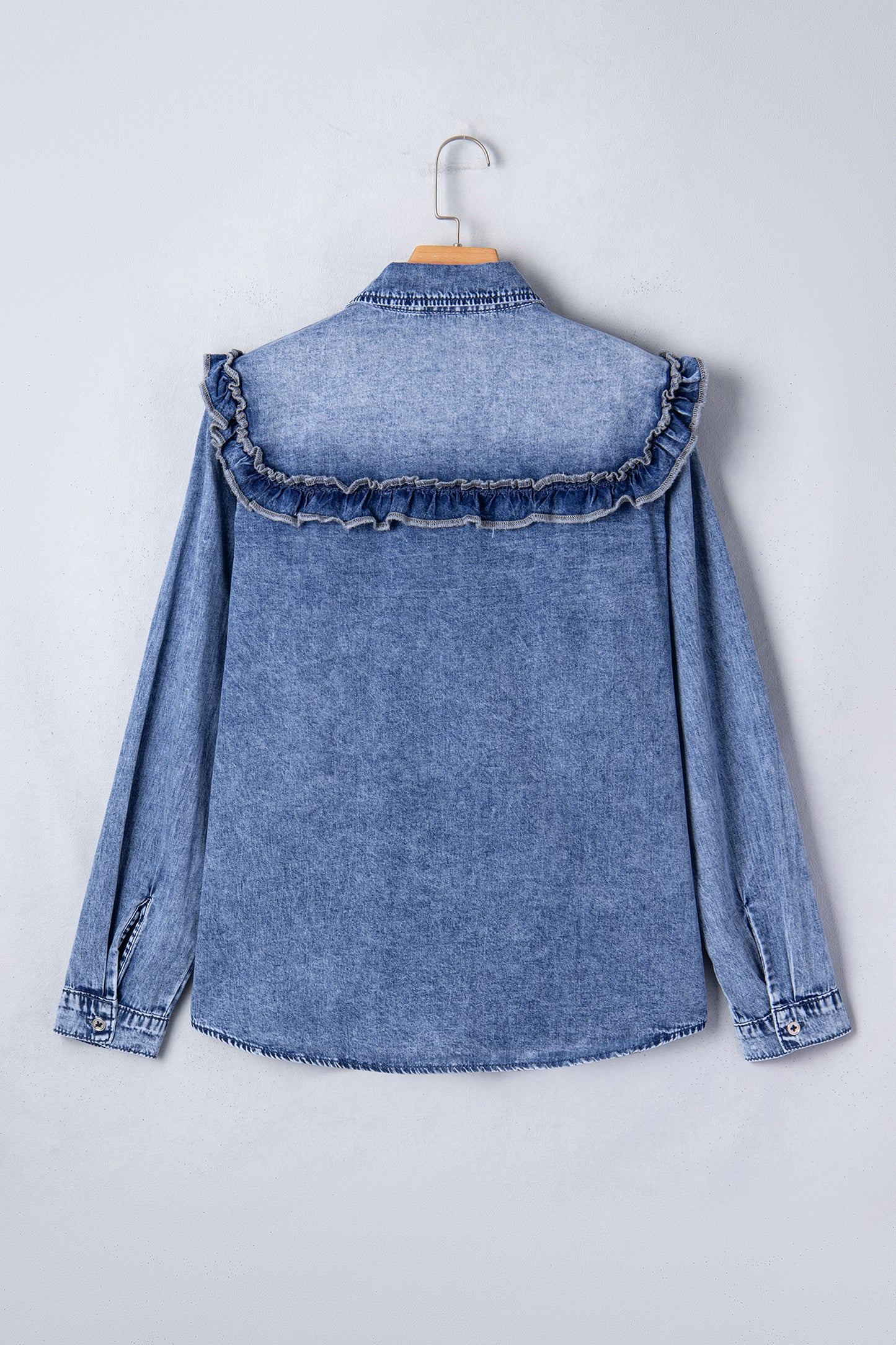 Denim Vintage Wash Ruffle Button-Down Shirt