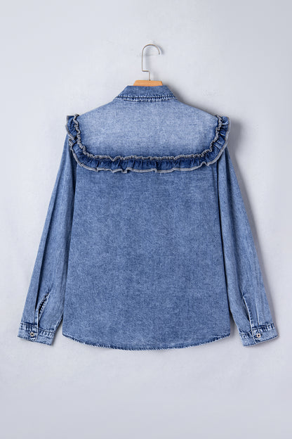 Denim Vintage Wash Ruffle Button-Down Shirt