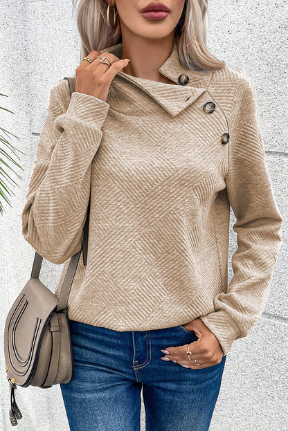 Geometric Textured Buttoned Collar Sweatshirt