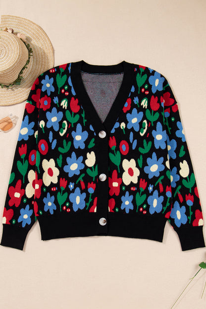 Floral Buttoned V-Neck Cardigan Sweater