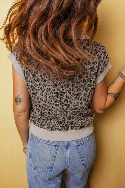 Leopard Zip-Up Collared Cap Sleeve Top